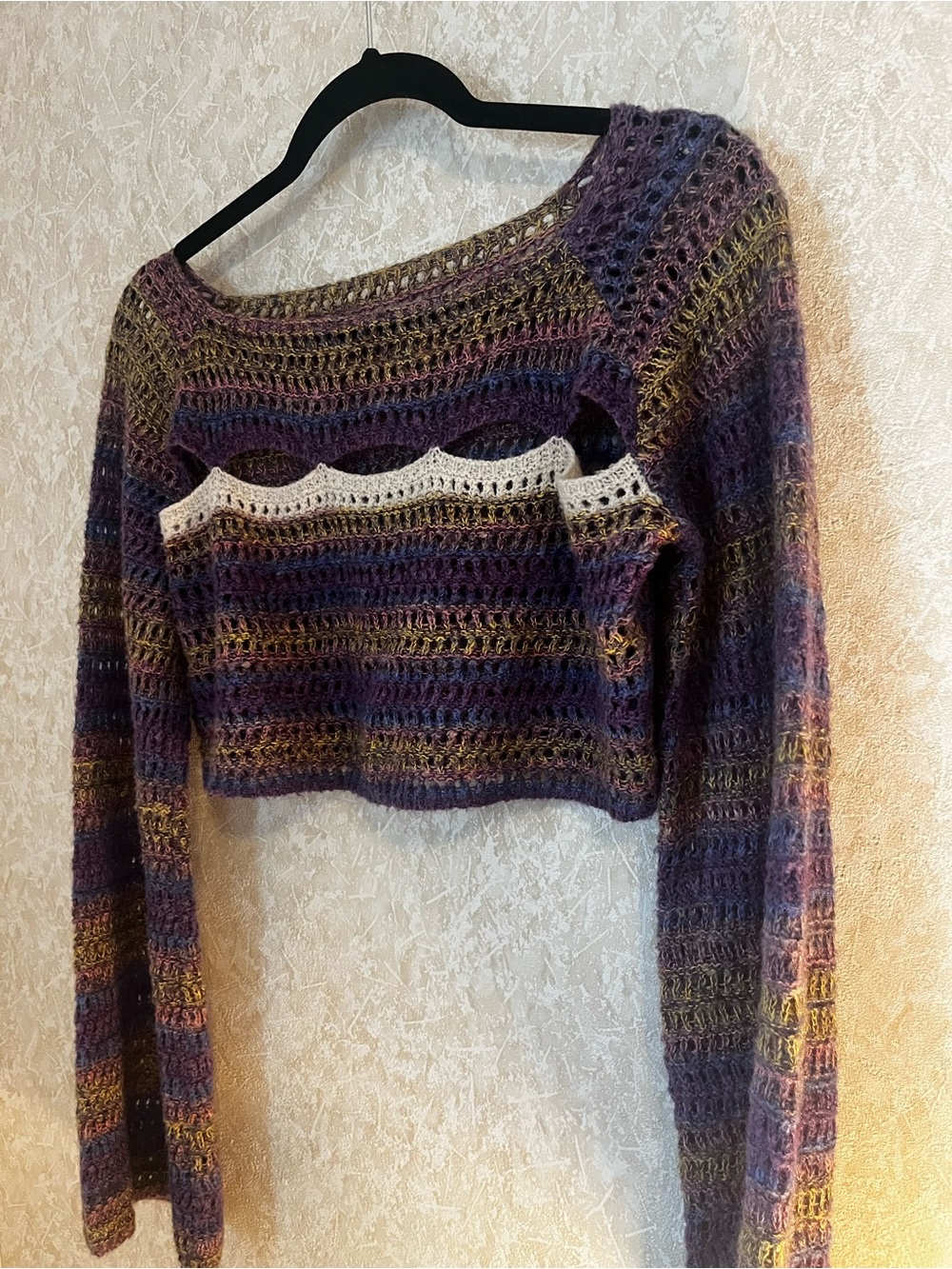 Cider Purple Multi-Stripe Crochet Cropped Sweater